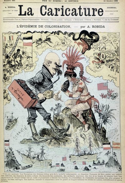 Koloniseringsepidemien: antikolonialistisk tegning af Robida - i "" La Caricature"" af 31/10/1885 af Albert Robida