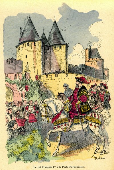 Kongen af Frankrig Francois 1. ankommer på hesteryg foran Cite de Carcassonne, Porte Narbonnaise. Illustration af Albert Robida (1848-1926): frontispice af bogen "Le tresor de Carcassonne"" første udgave H. Laurens 1921. af Albert Robida