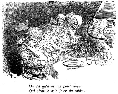 Sandhandleren er gået! Barn sover efter at have spist. Søvn. "" De siger, han er en lille gammel mand, der kommer for at kaste sand om natten..." Tegning af Albert Robida (1848-1926) i en bog med børnelæsninger 1920-1930. af Albert Robida