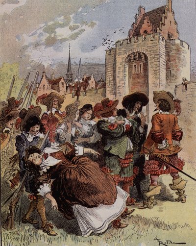 Kaptajn Bellormeaus generthed - "" Madame de Malicorne faldt i armene på en sergent"". Karakter fra Albert Robidas bog. Forside "" Den lille franskmand illustreret"" fra 20/01/1900. af Albert Robida