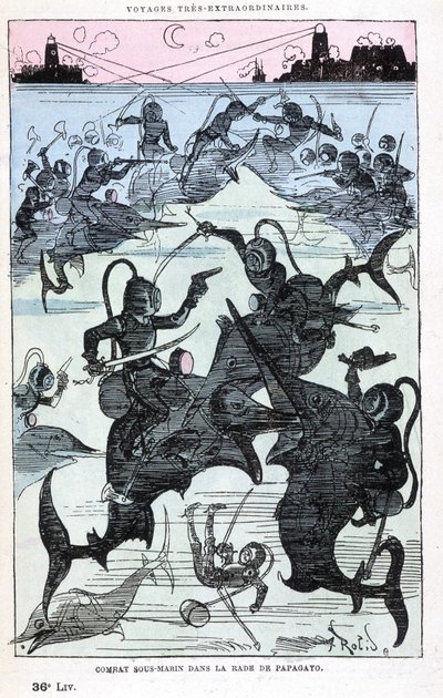 Undervandskamp i bugten Papagayo (scaphandlere rider på fisk), parodi på Jules Verne, "" Meget ekstraordinære rejser af Saturnin Farandoul i 5 eller 6 dele af verden og i alle lande kendt eller ukendt for Mr. Jules Verne" af Robida, Paris af Albert Robida