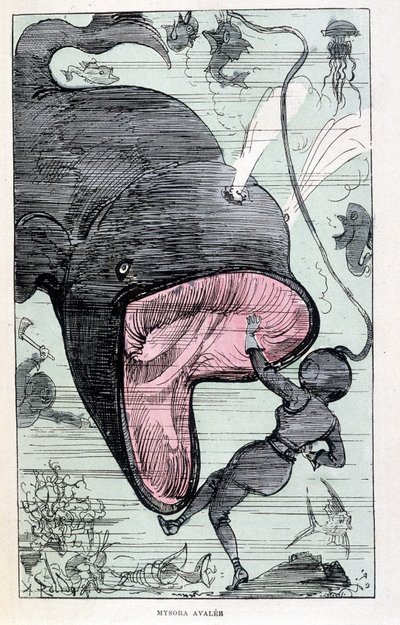 Kvinde i en scaphandler, der bliver slugt af en hval, parodi på Jules Verne, "" Meget ekstraordinære rejser af Saturnin Farandoul i 5 eller 6 dele af verden og i alle lande kendt eller ukendt for M. Jules Verne" af Robida, Paris af Albert Robida