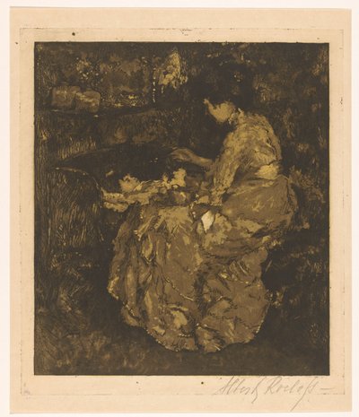 Kvinde fodrer et barn i en krybbe grød af Albert Roelofs (signed by artist)
