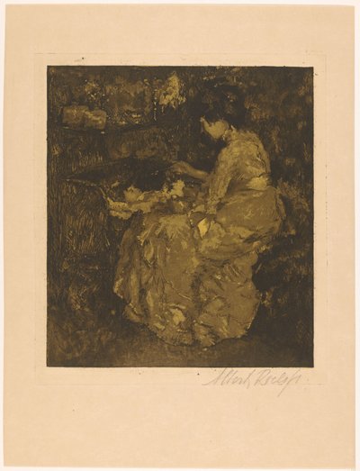 Kvinde fodrer et barn i en krybbe grød af Albert Roelofs (signed by artist)