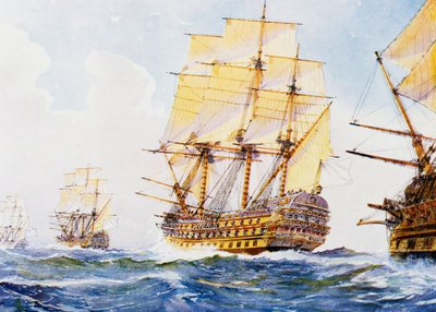 Skibe fra det 18. århundrede i en enkelt række tæt på styrbord side, akvarel af Albert Sebille (1874-1953), 20. århundrede af Albert Sébille