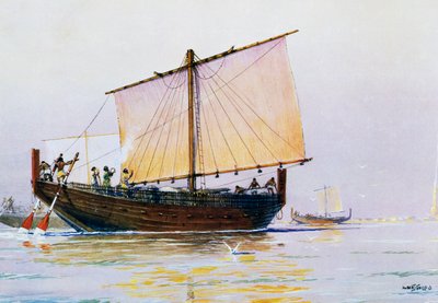 Fønikisk handelsskib ankommer til Pharos, akvarel af Albert Sebille (1874-1953), 20. århundrede af Albert Sébille