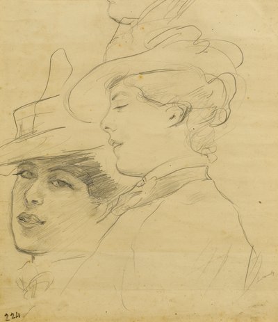 Hovedet af en kvinde iført en dekoreret hat, profil og trekvart udsigt, ca. 1900 (blyant på lysebrunt papir) af Albert de Belleroche