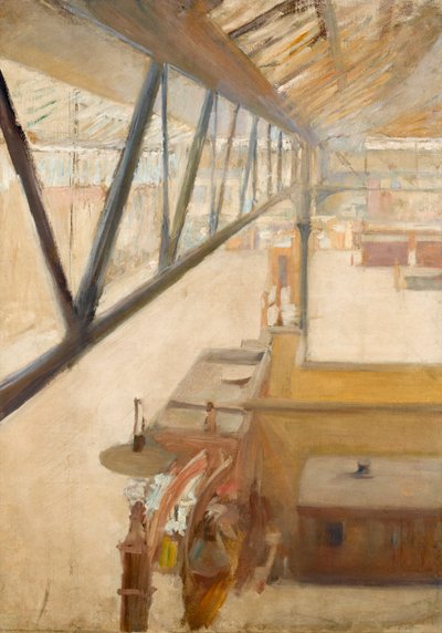 Udsigt over en jernbanestation, ca. 1900 (olie på lærred) af Albert de Belleroche