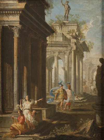 Pige læser ved det korintiske tempel, ca. 1710 af Alberto Carlieri