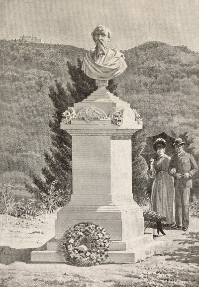 Monument for Paolo Giacometti (1816-1882) på Staglieno-kirkegården, Genova, Italien, stik efter tegning af Alberto della Valle, fra L