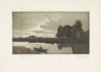 Landskab med en fisker i en båd på floden Sur le Po (titel på objekt) af Alberto Grosso