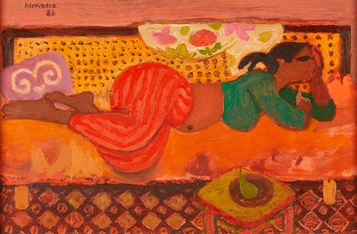 Tunesisk pige på en sofa (olie om bord) af Alberto Morrocco