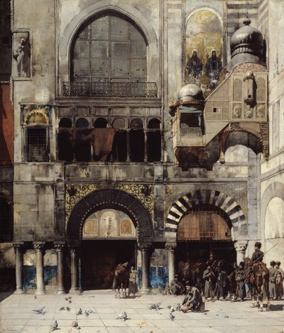 Cirkassisk kavaleri venter på deres befalingsmand ved døren til et byzantinsk monument, Orientens minde, 1880 af Alberto Pasini