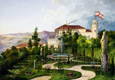Eksteriør med have, sydvest for Villa Lazzarovic Triestes residens for Maximilian af Habsburg (1832-1867) af Alberto Prosdocini or Prosdocimi