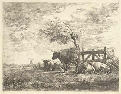 Køer ved et hegn og en pil af Albertus Verhoesen