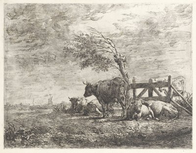 Køer ved et hegn og en pil af Albertus Verhoesen