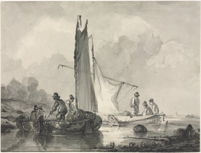 Flodlandskab med fisker og tre både af Albertus van Beest