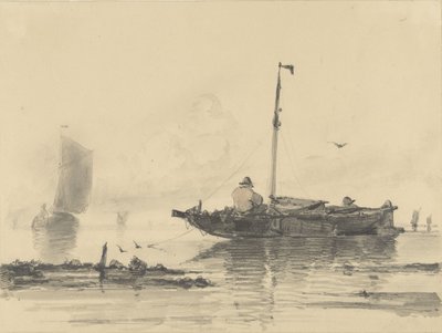 To mænd i en båd på stille vand af Albertus van Beest
