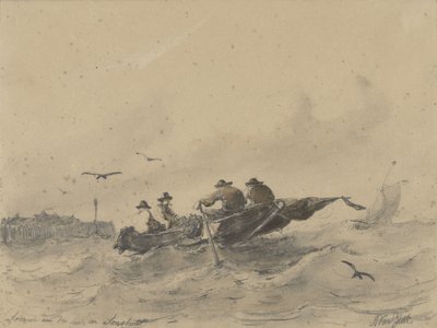 Fire mand i en robåd af Albertus van Beest