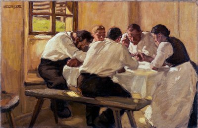 Repas, la soup (version 2) (Frokost (The Suppen, Version II) Maleri af Albin Egger Lienz (1868-1926), olie på lærred af Albin Egger Lienz