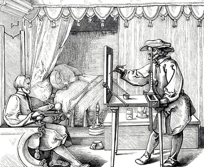 En træsnitsgravering, der forestiller en kunstner, der bruger et tegnehjælpemiddel for at få et portræts proportioner korrekt. Gravering af Albrecht Dürer (1471-1528), en tysk maler, grafiker og teoretiker fra renæssancen af Albrecht (after) Durer or Duerer