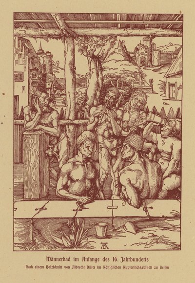 Badeanstalt for mænd, begyndelsen af det 16. århundrede (farvelitografi) af Albrecht (after) Durer or Duerer