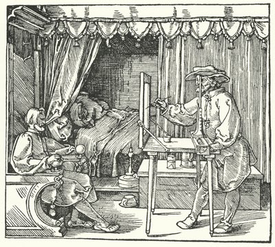 Metode til fremstilling af et skalabillede ved at markere objektets omrids på en glasplade (gravering) af Albrecht (after) Durer or Duerer