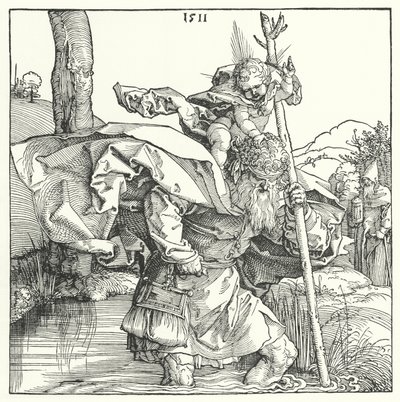 St. Christopher bærer Kristus-barnet (gravering) af Albrecht (after) Durer or Duerer