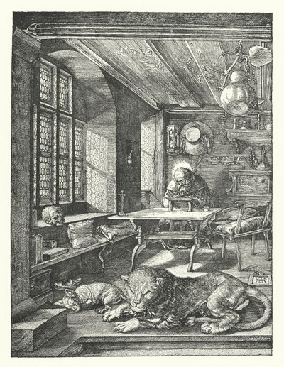 Sankt Hieronymus i hans studie (gravering) af Albrecht (after) Durer or Duerer