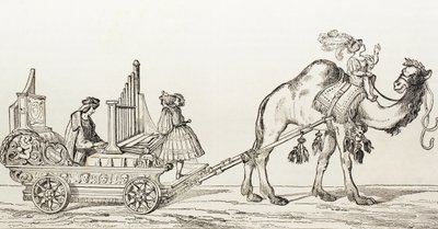 Organisten Paul Hoffaner spiller i en vogn trukket af en kamel, ca. 1880 (gravering) af Albrecht (after) Durer or Duerer