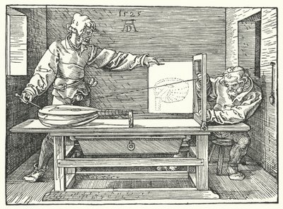 Brugen af strenge til at konstruere et perspektivbillede af en lut (gravering) af Albrecht (after) Durer or Duerer