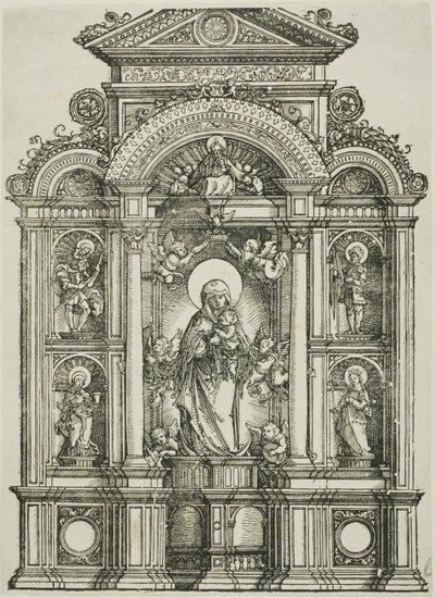 Altertavle med den smukke jomfru af Regensburg og de hellige Kristoffer, Maria Magdalena, Florian og Katarina stående i nicher med Gud Fader over sig af Albrecht Altdorfer