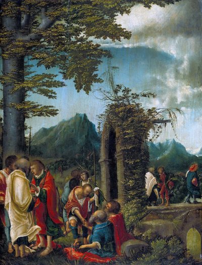 Tysk: Der Abschied der Apostel in waldiger Landschaft Apostlenes fællesskab / Apostle i et træbevokset landskab af Albrecht Altdorfer