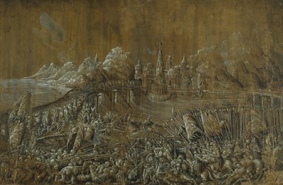 Landaknechten, Battle on a Bridge (pen og blæk med gouache på papir) af Albrecht Altdorfer