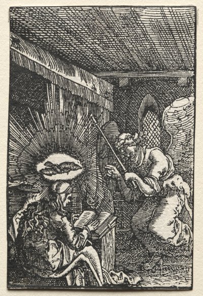 Menneskets fald og forløsning: Bebudelsen, ca. 1515. af Albrecht Altdorfer
