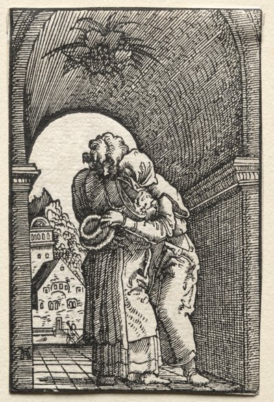 Menneskets fald og forløsning: Joachims og Annes omfavnelse ved den gyldne port, 1515. af Albrecht Altdorfer
