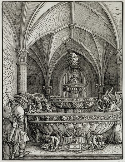 Den hellige familie har springvandet. Stik af tyske Albrecht Altdorfer (1480-1538). Louvre-museet af Albrecht Altdorfer