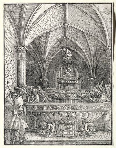 Den hellige familie på flugt til Egypten ved et springvand, ca. 1520. af Albrecht Altdorfer