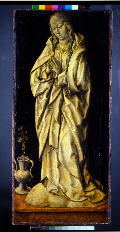 Tidligere vingerne på en triptyk, et par, kvindelige figurer, der personificerer visdom og generøsitet, med bebudelsen (panel; en grisaille verso) af Albrecht Bouts