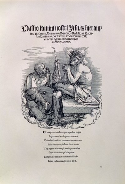 En romersk soldat, der håner Kristus, med kunstnerens navn på latin over og forneden et digt, der beskylder manden for hans synder, titelblad til serien The Great Passion, pub. 1511 af Albrecht Dürer