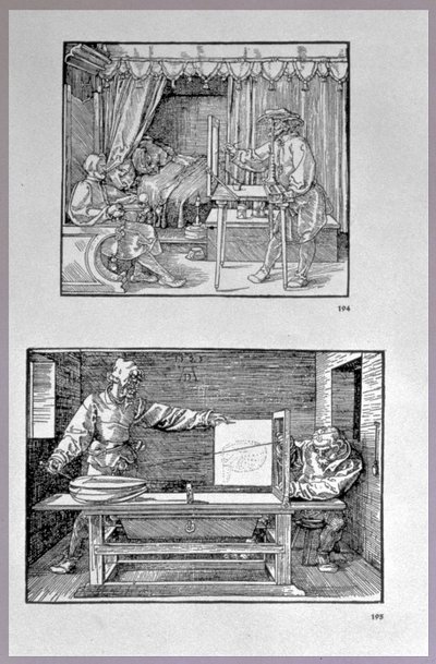 Apparat til at oversætte tredimensionelle objekter til todimensionelle tegninger, to scener fra kunstnerens første tekniske bog Introduktion til kunsten at måle med kompas og lineal, skrevet af Albrecht Dürer