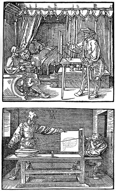 Apparat til oversættelse af tredimensionelle objekter til todimensionelle tegninger, 1525, 1936 af Albrecht Dürer