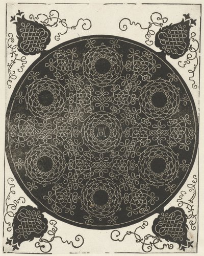 Broderieksempel med syv kransformede motiver af Albrecht Dürer