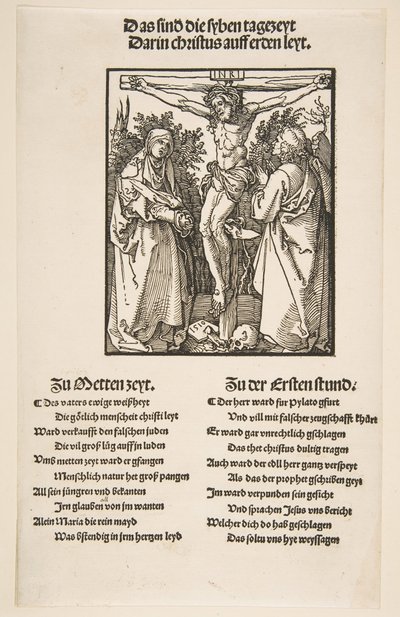 Kristus på korset mellem jomfruen og Johannes første ark af to, 1510. af Albrecht Dürer