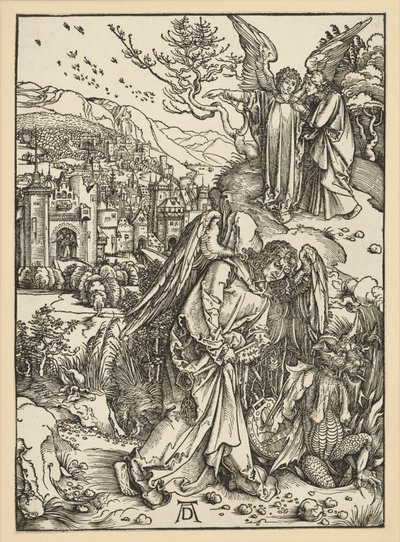 Englen kaster dragen i afgrunden og lukker den inde dér (Apokalypsen) af Albrecht Dürer