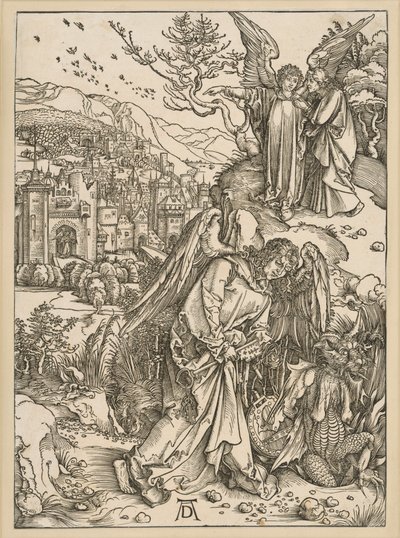 Englen kaster dragen i afgrunden og lukker ham inde (Apokalypsen) af Albrecht Dürer