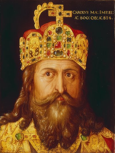Ideelt portræt af kejser Karl den Store i kroningsregalier med kejserkronen. Nürnberg, 1517 af Albrecht Dürer