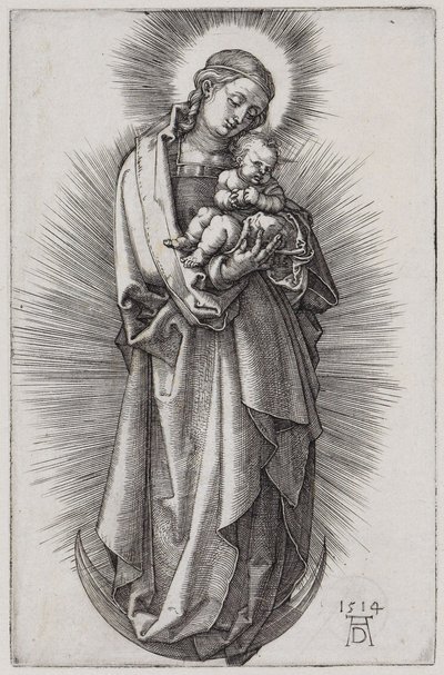 Jomfru med hårbånd i strålekrans på måneseglen af Albrecht Dürer