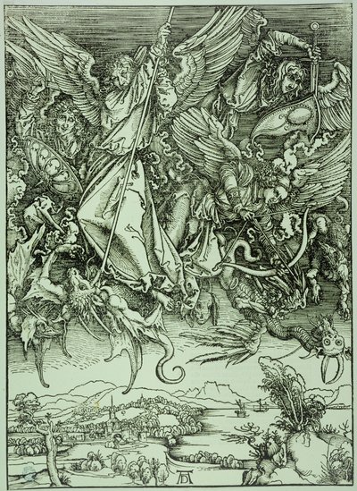 Apokalypsen (latinsk udgave): Sankt Michael besejrer dragen (Bartsch 72) af Albrecht Dürer