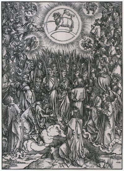 De udvalgtes lovsang i himlen / Tilbedelse af Lammet, figur XII, blad 14 i serien »Apokalypsen« af Albrecht Dürer